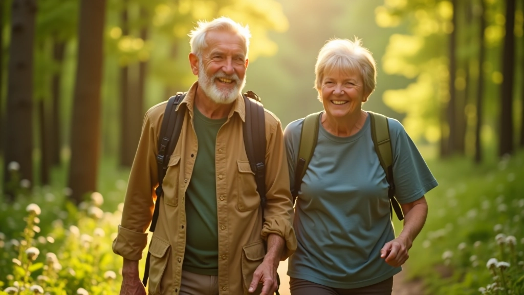 Senioras ir senorė žygiuoja drauge miško taku, šypsosi, nešasi kuprinės su vandens buteliais
