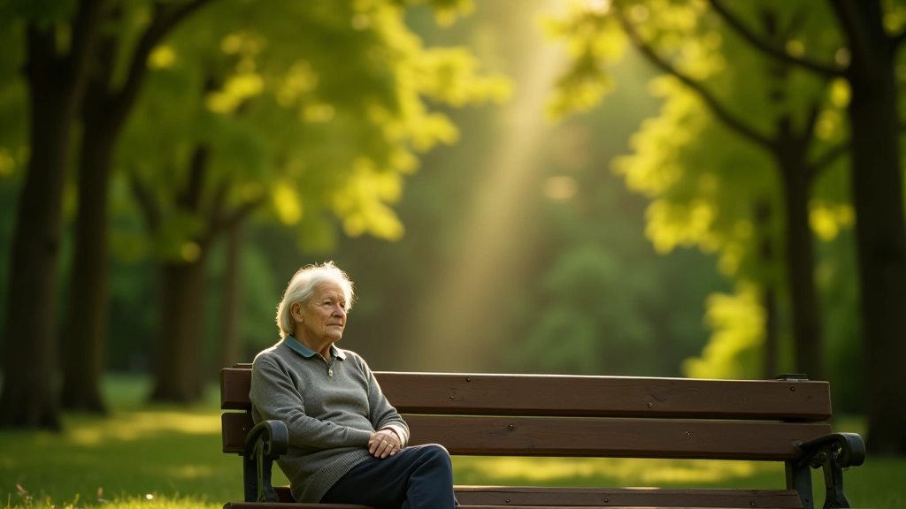 Senioras sėdi ant suolo Ąžuolyno parke, apsuptytas žalių medžių, saulės šviesa prasiskverbia pro lapus