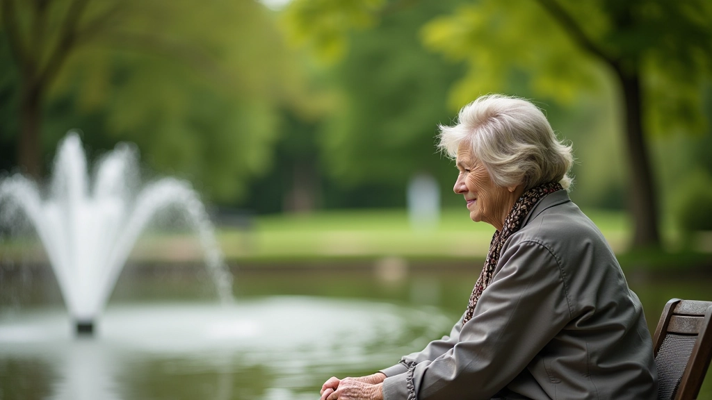Senioros sėdi prie fontano Ąžuolyno parke, gėrėjasi vandeniu ir gamta