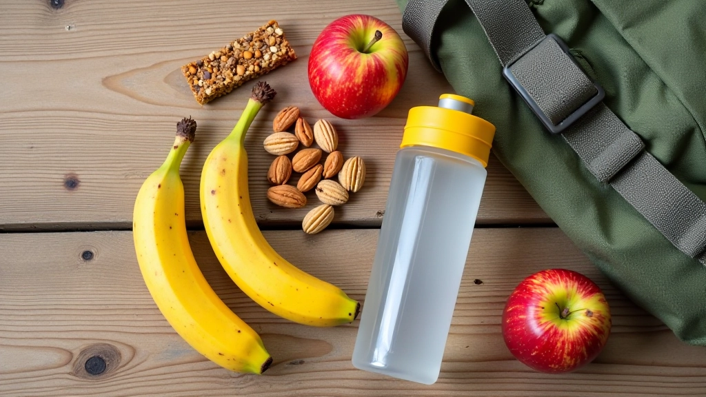 Sveiko maisto produktai — vandens butelis, bananas, obuolys, riešutai ir grūdai, sustatyti ant miško takalapio