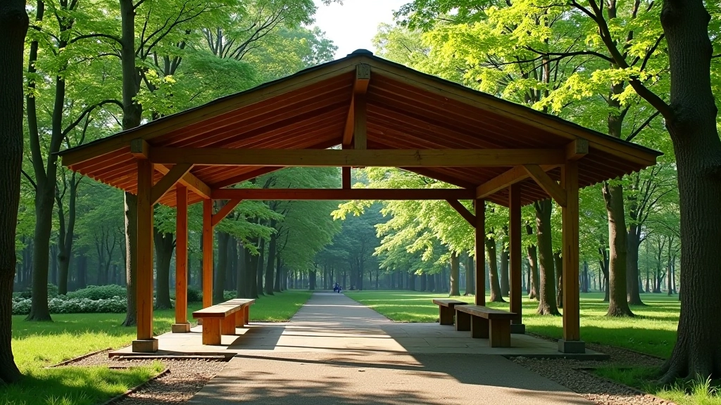 Medinis paviljonas su stogu ir suolais parke, šešėlis nuo saulės, vieta poilsiui